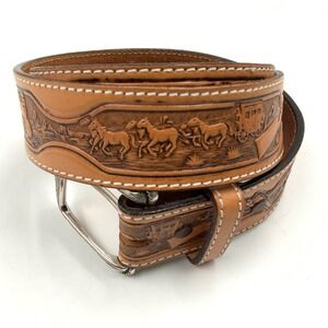 Mens Genuine Cowhide Western Belt Embossed Horses Stagecoach Silver Buckle Sz 38